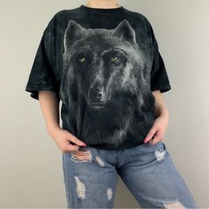THE MOUNTAIN Vintage Black Grey Wolf Graphic Tie Dye Oversized Short Sleeve Tee